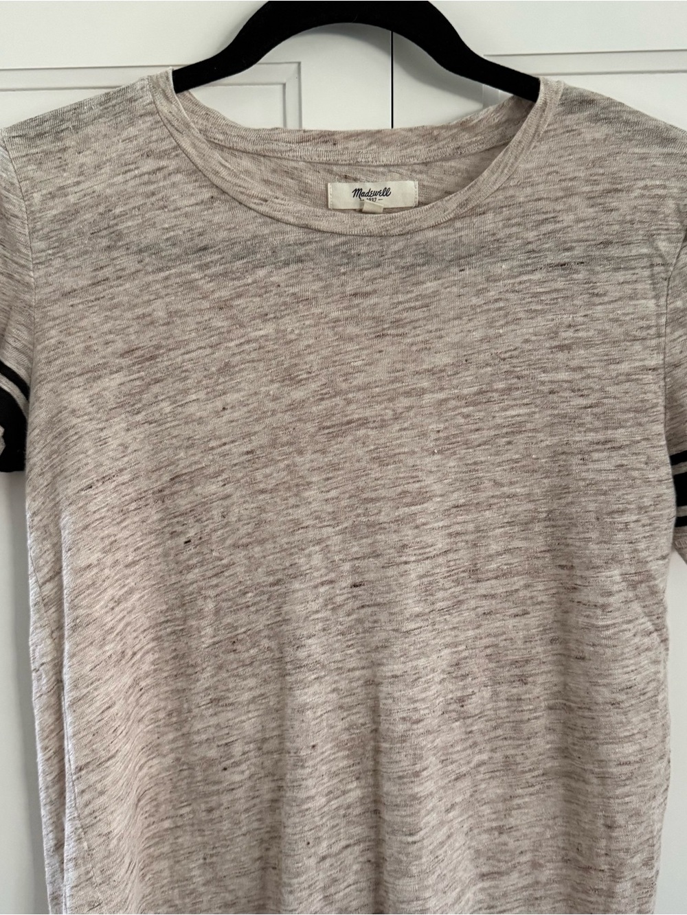 Madewell Top Womens XS Beige Linen Striped Short Sleeve Crewneck Coastal Beachy - Picture 3 of 10